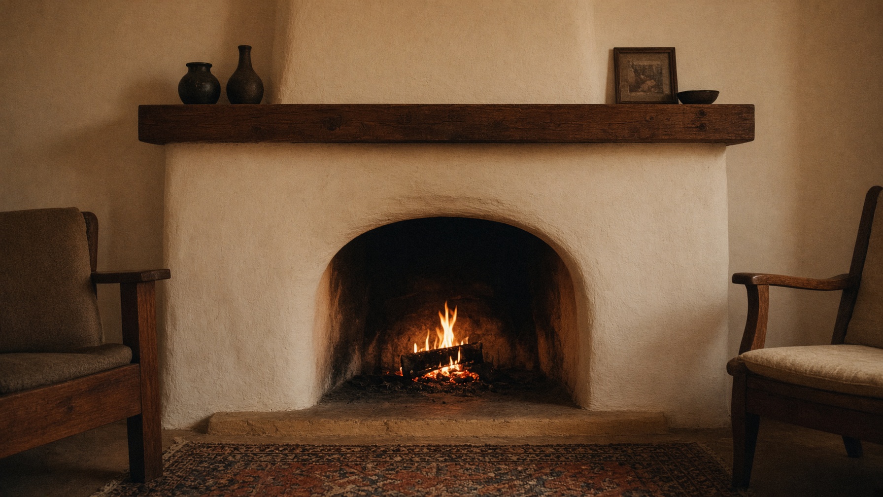 A small plaster fireplace with a gentle fire and two chairs nearby.